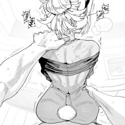 ambiguous_penetration apron black_and_white blush boku_no_hero_academia bunny_ears bunny_tail dark-skinned_female dinner_bath_or_me english english_text femsub fucked_from_behind good_end hand_on_shoulder holding_hand housewife male_pov miruko mr.skull muscular_female muscular_male my_hero_academia prosthetic ratatatat74 rumi_usagiyama taller_male tied_hair unseen_male_face