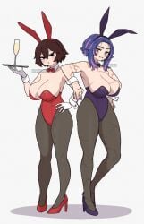 2girls artist_request boku_no_hero_academia detached_collar high_heels highres kaina_tsutsumi lady_nagant leotard mandalay my_hero_academia playboy_bunny purple_hair rabbit_ears scar shino_sousaki tagme unknown_artist