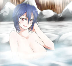 adjusting_hair bathhouse big_breasts blue_hair censored convenient_censoring female highres karadborg looking_at_viewer mole_under_eye nipple_censor nipple_peek nipples nisekoi nude nude_female partially_submerged red_eyes short_blue_hair short_hair sitting_in_bath solo steam steam_censor tsugumi_seishirou