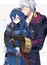 1boy 1girls ameno_(a_meno0) blue_eyes blue_hair blush blush breast_grab fire_emblem fire_emblem_awakening grey_hair lucina_(fire_emblem) medium_breasts nervous nintendo robin_(fire_emblem) robin_(fire_emblem)_(male) sweatdrop tiara yellow_eyes