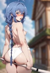 1girls ai_assisted ass back_view big_ass blue_eyes blue_hair blurry_background blush hikkaria huge_ass mushoku_tensei panties puffy_nipples roxy_migurdia shiny_skin small_breasts solo solo_female sweat white_panties