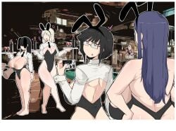 4girls ass black_eyes black_hair blonde_hair bunny_costume bunny_ears comicomryu dark_blue_hair exposed_boobs oc ocs tagme waitress