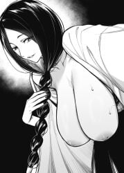 big_breasts black_and_white bleach breasts breasts_out collarbone hanging_breasts inverted_nipples japanese_clothes kimono long_hair mature_female mushi024 nipples open_clothes parted_lips scar scar_on_chest single_braid smile unohana_retsu