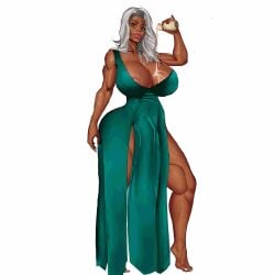 amara_mayweather_(oc) barefoot big_breasts clothed_variant curvaceous_female curvy_figure dark-skinned_female green_dress grey_hair huge_breasts mature_female milf oc original_character pouring_on_self voluptuous_female yakagex