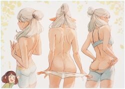 2girls aidenr0_(artist) ass breasts elf female panties tagme topless undressing