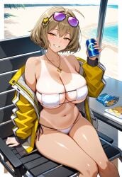 ai_generated anis_(nikke) anis_(sparkling_summer)_(nikke) beach beach_chair bedroom_eyes big_breasts blush brown_hair female food goddess_of_victory:_nikke grin holding_object looking_at_viewer navel necklace ocean orange_eyes potato_chips salt_and_vinegar sand sitting smile soda soda_can sunglasses sunglasses_on_head tanline yellow_jacket