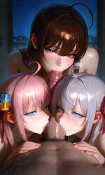 1boy 3girls ai_generated alisa_mikhailovna_kujou blue_eyes bocchi_the_rock! brown_eyes brown_hair collaborative_fellatio gotou_hitori gray_hair hair_ornament large_penis maria_mikhailovna_kujou night penis pink_hair saliva teamwork tokidoki_bosotto_russian_de_dereru_tonari_no_alya-san triple_fellatio