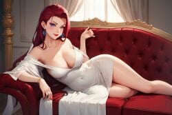 1girls ai_generated big_breasts blush cleavage couch dress horny_female jessie_(pokemon) large_breasts lust pokemon sitting sofa solo wedding_dress