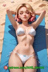 1girls ahq_hentai ai_generated beach bikini blonde_hair blush breasts cute gwen_stacy gwen_stacy_(spider-verse) medium_breasts patreon perfect_body sleeping spider-man_(series) spider-verse stable_diffusion wet