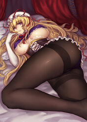 ass bed_sheet black_legwear blonde_hair breasts covered_nipples crotch_seam curtains elbow_gloves evan_yang female gloves hat hat_ribbon highres long_hair looking_at_viewer lying on_side open_mouth panties panties_under_pantyhose pantyhose parted_lips pillow purple_eyes purple_panties ribbon solo thighband_pantyhose touhou underboob underwear white_gloves yukari_yakumo