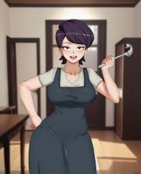 1girls alternate_version_available apron big_breasts black_apron breasts clothing female female_only hair hand_on_hip hcitrus holding_object komi-san_wa_komyushou_desu komi_shuuko ladle mature mature_female mature_woman milf mother purple_eyes purple_hair shirt smile solo solo_female