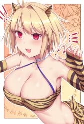 ahoge alternate_costume arcueid_brunestud big_breasts blonde_hair blush breasts cleavage crescent enormous_breasts fate/grand_order fate_(series) horns huge_breasts large_breasts loincloth looking_at_viewer oerba_yun_fang oni oni_horns pattern_clothing pattern_topwear phantas-moon red_eyes red_fingernails sharp_fingernails short_hair simple_background smile striped striped_clothing striped_topwear top_heavy tsukihime type-moon yellow_topwear