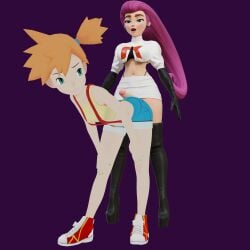 3d futa_on_female futanari heperson high_heels jessie_(pokemon) kasumi_(pokemon) pokemon short_hair shorts skirt tomboy