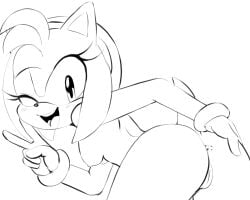 2025 amy_rose anthro ass bangs bending_over big_ass black_and_white blush female gloves happy headband hedgehog looking_at_viewer monochrome naked no_color peace_sign pussy short_hair small_breasts smile sonic_(series) sonic_the_hedgehog_(series) spreading tail tenshigarden vagina wink winking_at_viewer