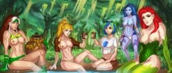 5girls batman_(series) blonde_hair blue_eyes blue_skin breasts_out brown_eyes captain_planet_and_the_planeteers cups dark_blue_hair dc dc_comics earth-chan female_only final_fantasy final_fantasy_x forest_background green_and_blue_hair green_eyes green_hairband half_naked hand_on_leg knees lake large_breasts leg_in_water light_from_above linka long_hair marvel marvel_comics muscular_female nesoun poison_ivy ponytail red_hair rogue_(x-men) shiva_(final_fantasy) short_hair sitting_down small_breasts topless_female two_tone_hair white_and_brown_hair white_shirt x-men