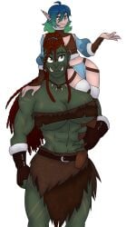 1boy 1boy1girl abs belt blue_hair bridge_piercing brown_eyes brown_hair dreadlocks elf exposed_thighs female femboy gloves green_hair green_skin hazel_eyes huge_breasts knee_boots large_breasts leggy_(legarch) long_hair midriff muscles muscular_female nose_piercing orc piercing ponytail scar scars sheepy-ichigo short_hair size_difference tagme tusks two_tone_hair