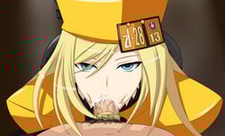 blonde_hair blue_eyes censored clothed_female_nude_male cum cum_in_mouth empty_eyes fellatio female guilty_gear guilty_gear_xrd hairjob hat juno_(pixiv32541104) long_hair looking_at_viewer looking_up male male_pubic_hair millia_rage mosaic_censoring oral overflow pantyhose penis pointless_censoring pov prehensile_hair pubic_hair solo