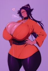 ai_assisted ai_generated big_breasts big_breasts big_breasts brown_eyes clothing kimono purple_hair shihouin_yoruichi simple_background