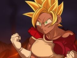 1girls big_breasts blood blue_eyes dark-skinned_female detnox dragon_ball female female_focus gloves huge_breasts original power_up saiyan saiyan_armor saiyan_girl serious serious_face solo solo_female super_saiyan_2 torn_clothes transformation tufura_(detnox) yellow_hair