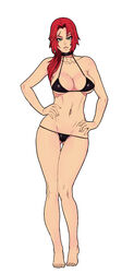 barefoot bikini black_bikini breasts cleavage female green_eyes linmei long_hair looking_at_viewer lowleg lowleg_bikini maniacpaint navel original original_character parted_lips red_hair scar simple_background solo standing swimsuit tiptoes white_background