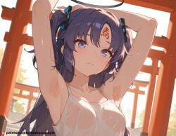 ai_generated armpits blue_archive blue_eyes halo purple_hair shy small_breasts suggestive sweat torii yuuka_(blue_archive)