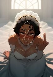 after_oral ai_generated annoyed bride cum_on_face curly_hair curvy dark-skinned_female facial flipping_viewer_off large_breasts middle_finger pissed_off wedding_dress wedding_veil