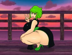 1female 1girls 20xxtrilogy 2d 2d_(artwork) 2d_artwork alternate_version alternate_version_at_source alternate_version_available ass beach_background big_ass big_breasts big_butt breast butt confident_smile curvy curvy_ass curvy_body curvy_female curvy_figure deck dress female_focus female_only green_eyes green_hair gumi heels looking_at_viewer megpoid megpoid_gumi peace_sign solo_female sunset vocaloid