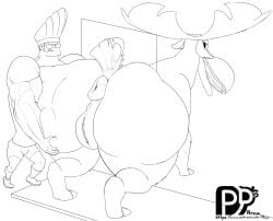 all_fours anthro antlers ass becky_(johnny_bravo) big_butt butt_grab cartoon_network deer doorway duo female genitals hand_on_butt hi_res horn human humanoid johnny_bravo johnny_bravo_(series) male male/female mammal monochrome moose muscular new_world_deer pussy unknown_artist