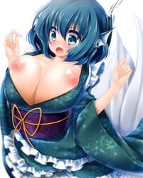 blue_eyes blue_hair blush breasts female head_fins huge_breasts japanese_clothes kimono mermaid monster_girl nenekoneko nipples obi open_mouth short_hair solo touhou wakasagihime wide_sleeves