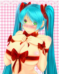 aqua_hair blush bow breasts checkered checkered_background choker female full-face_blush green_eyes hair_ribbon hairbow hand_on_own_chest large_breasts league_of_legends long_hair nude oldlim ribbon silent_night_sona smile snowdown_showdown_series solo sona_buvelle tied_hair twintails