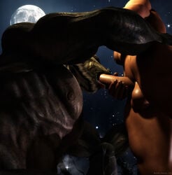 2014 3d abs anthro balls biceps black_fur black_howler canine close-up fellatio fur gay human interspecies male mammal muscles night oral oral_sex pecs penis precum saliva sex sky were werewolf