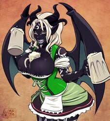 beer breasts dark_skin demon dirndl female hair horns jezekith large_breasts markings my_pet_tentacle_monster nipple_slip nipples succubus tattoos tracht white_hair wings