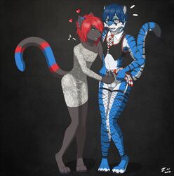 anthro balls black_penis blue_eyes blue_hair blush crossdressing cum dress embarrassed erection eyewear feline fur furry furry_only gay girly glasses hair handjob male mammal masturbation paws penis precum red_hair reizo_(character) skirt stockings tiger yuniwolfsky