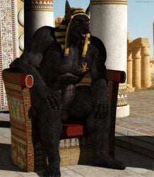 1boy 2014 3d abs amber_eyes ankh anthro anubis balls biceps big_muscles big_penis black_fur black_howler canine deity drooling egyptian erection fur jackal looking_at_viewer male male_only mammal muscles pecs penis pillar precum saliva sitting solo tattoo temple thick_penis throne