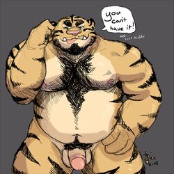 anthro balls beard biceps big_muscles bin chest_tuft chubby facial_hair feline fur furry hairy hand_on_hip humanoid_penis looking_at_viewer male male_only mammal musclegut muscles nipple_piercing nipples nude penis piercing pubes solo text tiger tongue tongue_out tuft