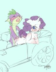 anthro blue_eyes blush breasts car closed_eyes cutie_mark dragon equine friendship_is_magic fur hae-hyun hair horn mammal my_little_pony nipples open_mouth purple_hair purple_scales rarity_(mlp) sex smooth_skin spike_(mlp) unicorn white_fur