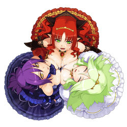 3girls :p blush breast_press breast_squeeze breasts brooch cleavage closed_eyes cum cum_on_body cum_on_breasts cum_on_upper_body detached_collar detached_sleeves dress facial from_above gloves green_eyes green_hair jewelry karukaru large_breasts multiple_girls neckerchief open_mouth payot pointy_ears purple_hair red_hair short_ponytail simple_background tiara tied_hair tongue tongue_out twintails white_background yellow_eyes