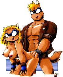 1boy 1girls abs anthro areola blonde_hair breasts canine clothes doggy_style drake_fenwick erect_nipples female fur furry gloves hair jacket large_breasts male mammal mask muscular nipples sketch superhero supermegatopia tail