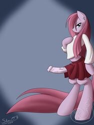 2014 animal_genitalia bipedal blue_eyes clothing equine friendship_is_magic fur furry futa_only futanari hair hair_over_one_eye horse horsecock intersex mammal mlp my_little_pony penis penis_under_skirt pink_fur pink_hair pinkamena_(mlp) pinkie_pie_(mlp) pony school_uniform schoolgirl silverfox057 skirt smile solo straight_hair