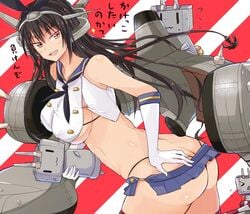 >_< :3 ass ass_cleavage bare_shoulders black_hair black_panties breasts butt_crack cosplay covered_nipples elbow_gloves female gloves hair_ornament hand_on_hip highleg highleg_panties kantai_collection large_breasts long_hair lowleg lowleg_skirt microskirt miniskirt nagato_(kantai_collection) navel open_mouth panties pin rensouhou-chan shimakaze_(kantai_collection) shimakaze_(kantai_collection)_(cosplay) skirt smile solo takemura_makoto_(hakushikei) thighhighs thong_above_skirt triangle_mouth tsurime undersized_clothes underwear |_|