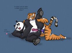 anal anal_sex anthro balls bear dildo domination dreamworks english_text feline female femdom koh kung_fu_panda male male_penetrated mammal master_tigress overweight panda pegging penetration penis po po_xiao_ping raised_leg sex sex_toy strapon text tiger