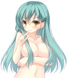 blush covering covering_breasts female green_hair hair_ornament kantai_collection long_hair miko_92 navel personification pointing solo suzuya_(kantai_collection) topless white_background yellow_eyes