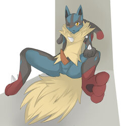 2014 anthro ass balls barefoot blush canine erection fur jackal looking_down lucario mammal mega_evolution mega_lucario nintendo nude on_floor one_eye_closed open_mouth pawpads paws penis pokemon pokemon_(species) redyth sharp_teeth sitting spikes spread_legs spreading teeth video_games