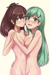 2girls blush breasts brown_hair female green_eyes green_hair hair_ornament hairclip hand_holding highres hiruno kantai_collection kumano_(kantai_collection) long_hair looking_at_viewer multiple_girls nipples nude personification ponytail suzuya_(kantai_collection) tied_hair yuri