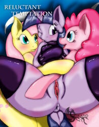 2014 3girls anthro anthrofied blue_eyes blush comic_cover english_text equine eye_contact female fluttershy_(mlp) friendship_is_magic fur gloves group hair horn mammal multiple_girls my_little_pony one_eye_closed open_mouth pink_fur pink_hair pinkie_pie_(mlp) purple_eyes purple_fur purple_hair pussy rubber spread_legs spreading straight_hair suirano temptation_(suirano) text thigh_highs twilight_sparkle_(mlp) twipie twishy yellow_fur yuri