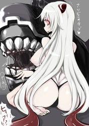 airfield_hime ass ass_cleavage barefoot breasts butt_crack dat_ass female jema kantai_collection long_hair looking_at_viewer looking_back red_eyes shinkaisei-kan sitting smile solo text thong toes translation_request very_long_hair wariza white_hair