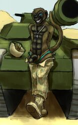 abs anthro army baboon balls black_penis boots camo clothed clothing cyan_eyes dog_tags flaccid fur grin half-dressed helmet looking_at_viewer male male_only mammal monkey necklace nommz penis primate solo tank topless undressing