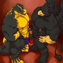 2boys abs avian biceps big_muscles bird black_body black_feathers bulge comparison dinosaur eye_contact eyebrow_piercing facial_piercing fangs feathers frottage furry furry_only gay grisser gryphon huge_muscles male male_only muscles muscular nipple_piercing nipples no_humans ouch pecs penis penises_touching piercing pose ralarare scalie speedo standing swimsuit teeth thong tongue tongue_out tyrannosaurus_rex wings zeke