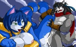 2014 abs anthro blue_fur breasts canine cum cum_in_pussy cum_inside female fox fur gloves green_eyes krystal male mammal muscles nintendo nipples pauldrons pecs penetration scarf sex shiro_uzumaki shonuff star_fox sweat vaginal_penetration video_games wolf