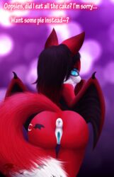 abstract_background anus ass bat bat_wings black_hair blue_eyes breasts canine chest_tuft cutie_mark english_text eyewear fangs female fox fur glasses hair hybrid long_hair looking_at_viewer mammal nipples nude pose presenting presenting_hindquarters pussy red_fur solo text tuft vibrantechoes vibrantechos_(fursona) white_fur wings